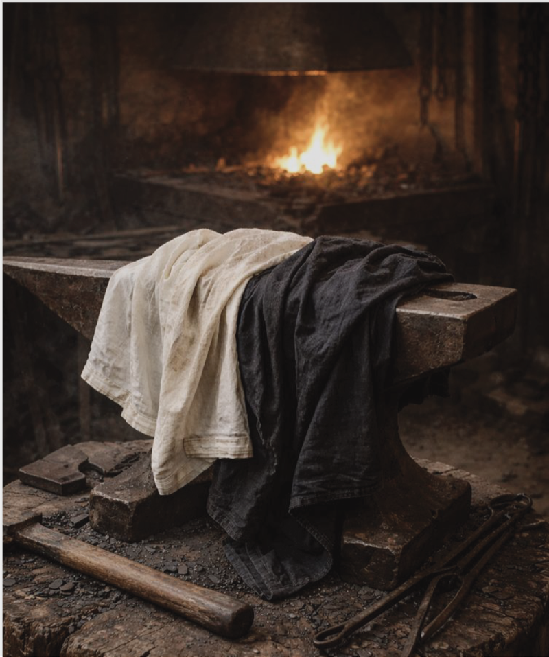 Tees draped over anvil with forge fire