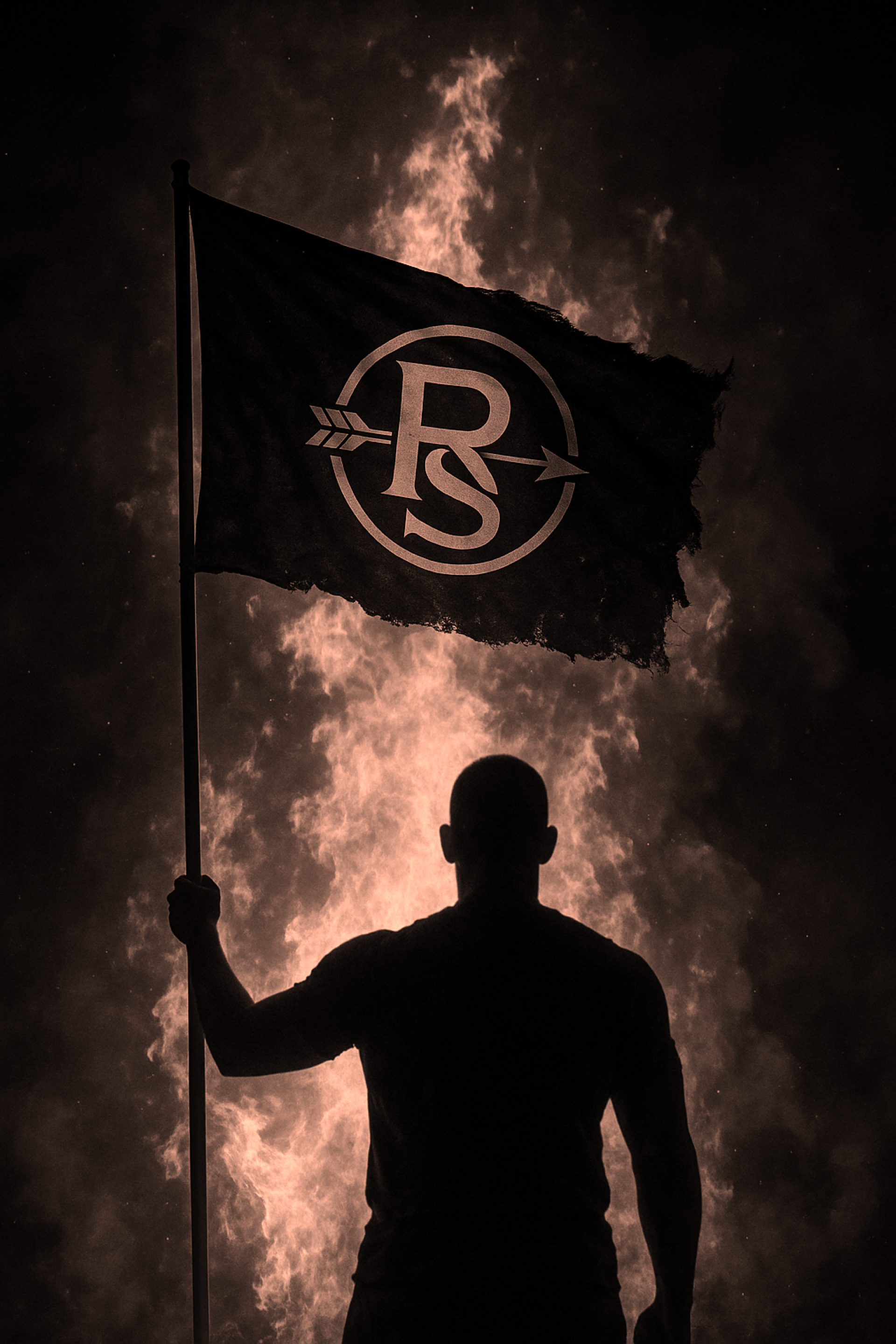Silhouette holding Restless State flag with fire and amber glow