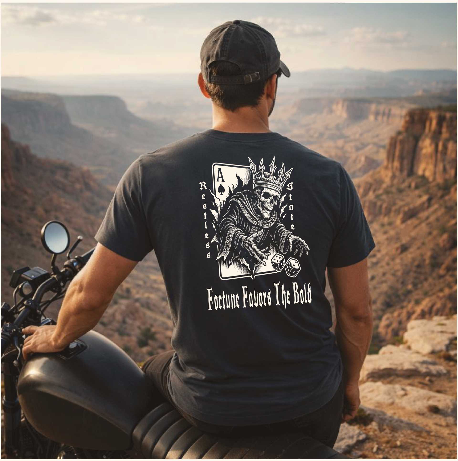 Fortune Favors tee with motorcycle at Grand Canyon