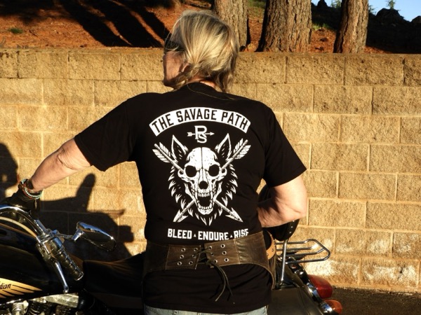 Female model showing Savage Path back design