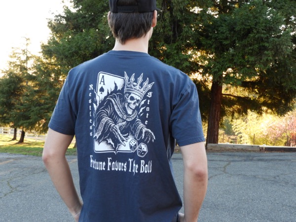 Young model showing Fortune Favors back print